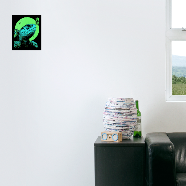 Ancient Turtle Japanese Art | Green Moon Ukiyo-e Style by TuncGK